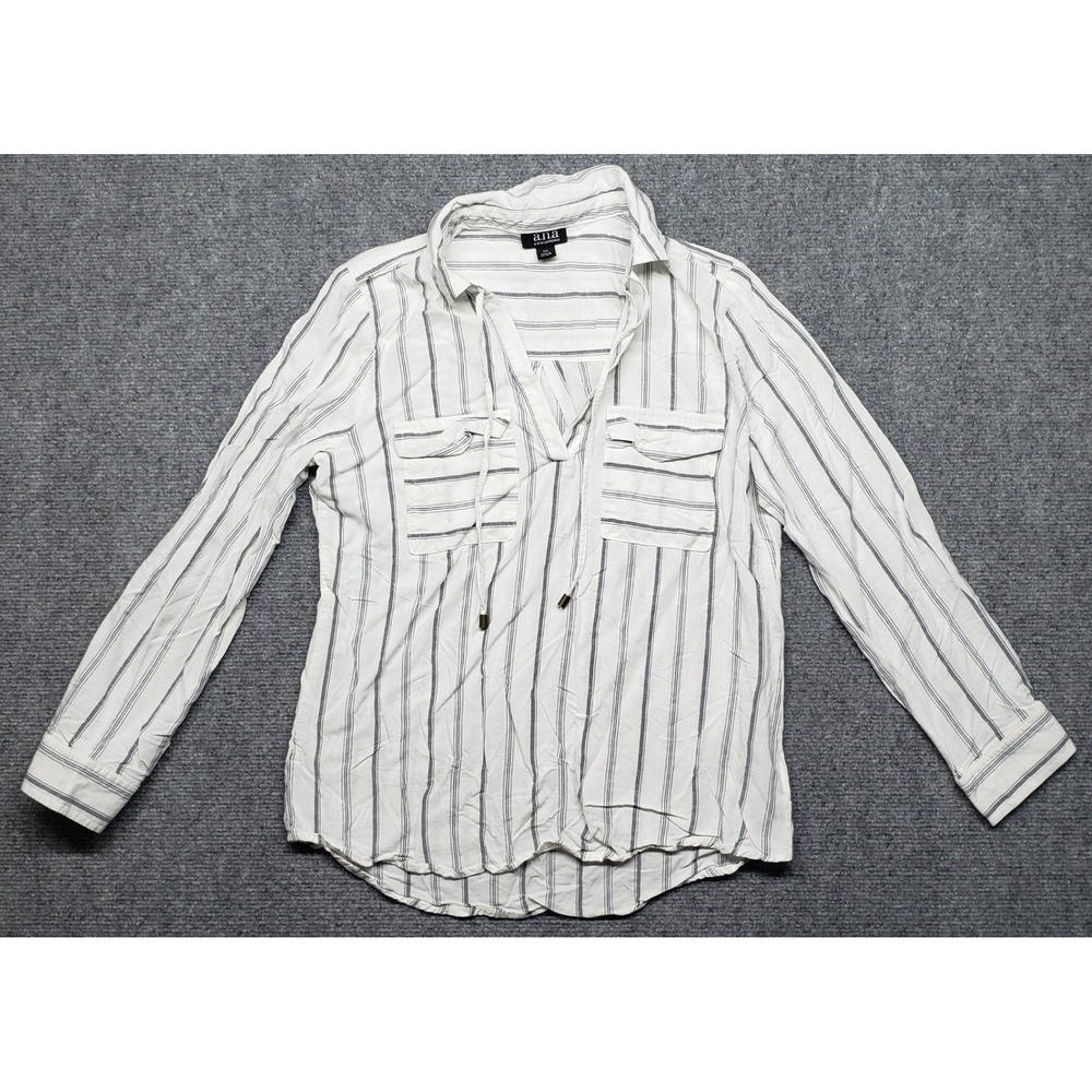 a.n.a. Blouse Womens XS Striped Long Sleeve Top Drawstring Collared Casual